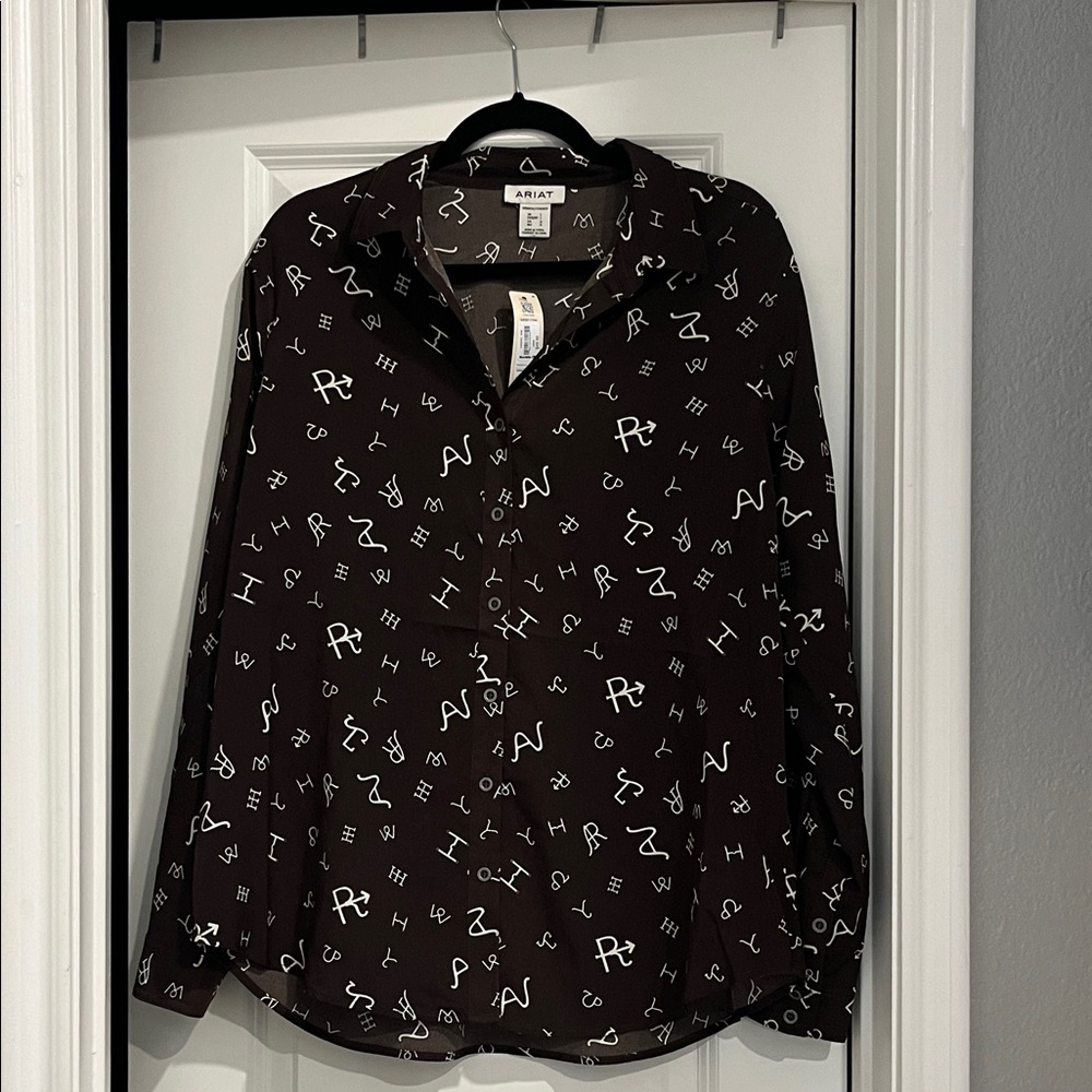 Ariat Women’s Chocolate Brown Button-Down Shirt with White Script Print